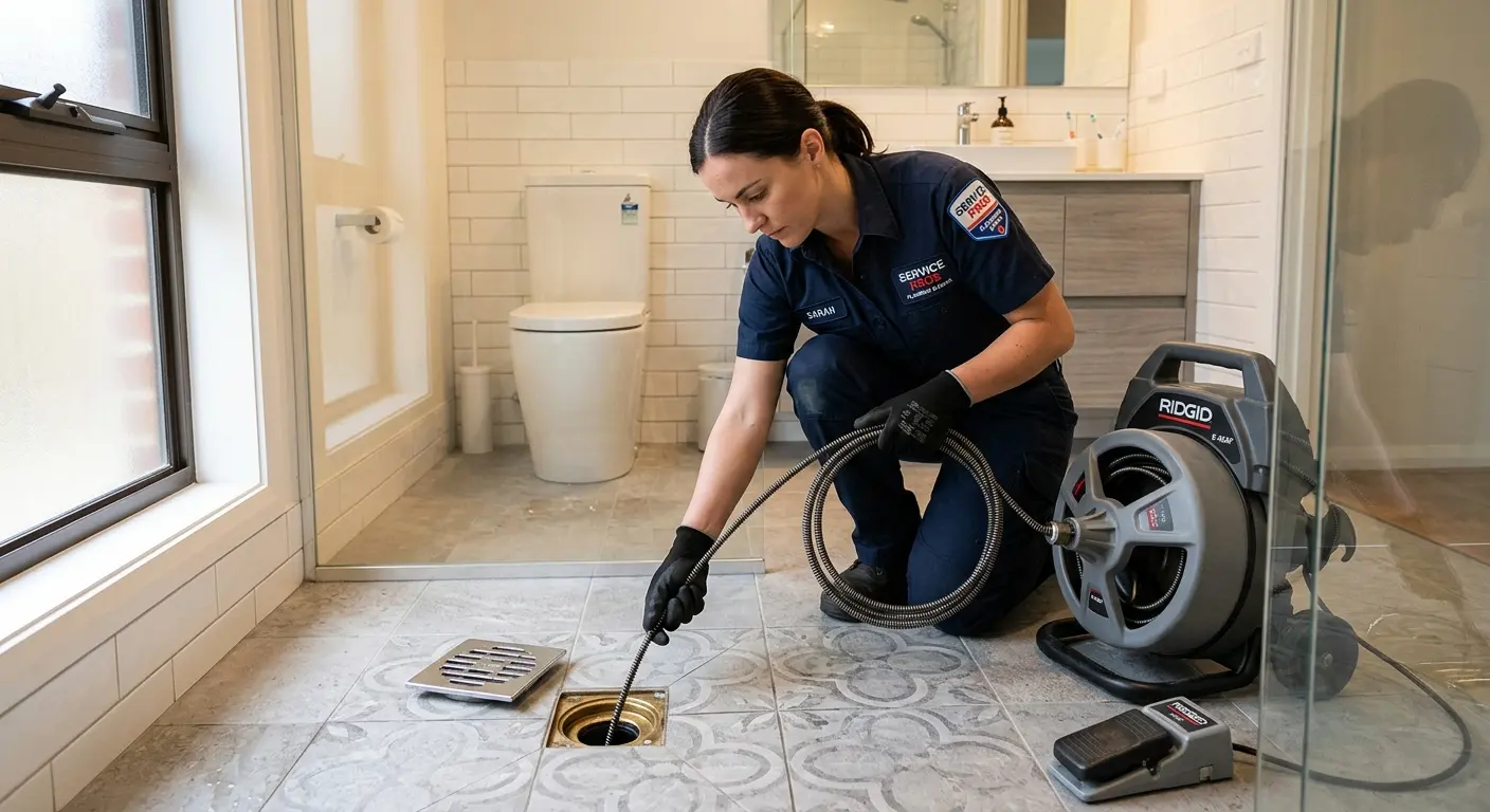 Technician clearing a bathroom floor drain for Sewer Line Installation in Beebe